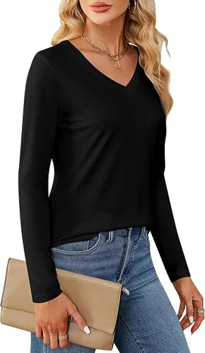Vista 4 de Ficerd Paquete de 2 camisetas de manga larga para mujer, cuello en V, casuales, ajustadas, básicas, de color sólido, dobladillo curvado