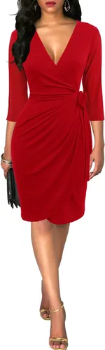 Vista 3 de Vestido cruzado de imitación negro para mujer, manga 34, sexy, cuello en V, vestido casual para invitados de boda