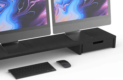 Vista 3 de POUT Soporte para monitor doble E9 con cajón, cargador inalámbrico y concentrador USB (negro oscuro)