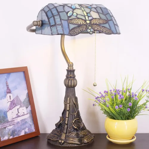 Vista 4 de Tiffany Banker Lámpara Pequeña Lámpara De Mesa De Vidriera Azul Mar Libélula Estilo Libélula Azul Mar