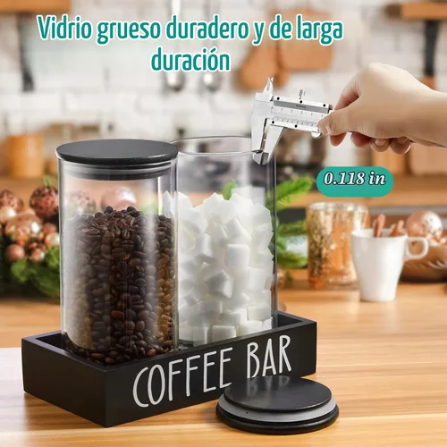 Vista 6 de Recipiente de Vidrio para Café Molido - Juego de 2 Piezas de 45oz de Recipientes para Café y Azúcar con Tapas Herméticas de Bambú y Bandeja Negra