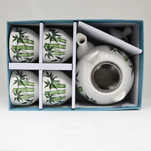 Vista 3 de Juego de té de porcelana con mango de bambú de estilo japonés con infusor, blanco con diseño de bambú verde, tetera de 30 onzas con 4 tazas, caja
