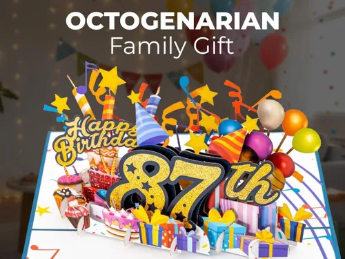 Vista 6 de iGifts And Cards Tarjeta desplegable 3D de feliz cumpleaños 87 – Diseño azul con números de purpurina, globos, pasteles y regalos – Tarjeta
