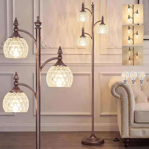 Vista 14 de JUNNAI Lámparas de pie negras para sala de estar, lámparas de pie de 66.5 pulgadas con pantalla de cristal, luces de brillo de 3 vías, lámpara