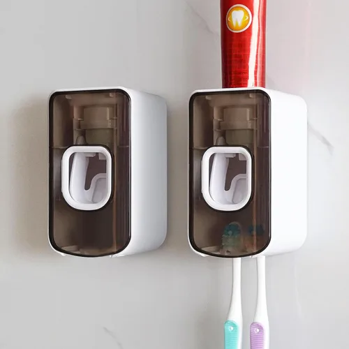 Vista 16 de Soporte de plástico para cepillos de dientes de 2 ranuras y dispensador de pasta de dientes montado en la pared, exprimidor automático de pasta