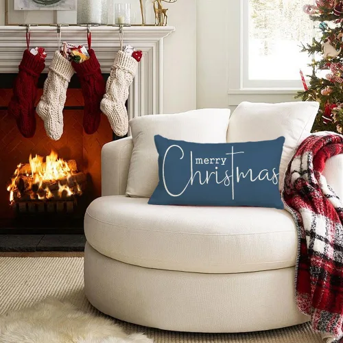 Vista 2 de RABUSOFA Fundas de Almohada de Navidad de 12 x 20 pulgadas, Decoraciones con Frase de Feliz Navidad, Fundas de Almohadas Decorativas de Invierno Azul