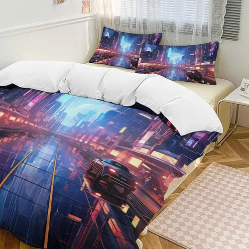 Vista 12 de Art Duvet Cover Full Size, Ultra Soft Microfiber Night Scenery Bedding Set, 3 Pieces City View Pattern Comforter Cover Set with Zipper Closure