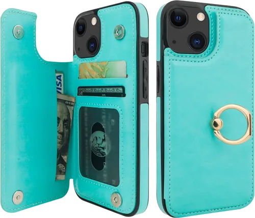 Vista 12 de ONETOP Funda tipo cartera para iPhone 13 con soporte para tarjetas, anillo de rotación de 360°, bloqueo RFID, doble cierre magnético, a prueba