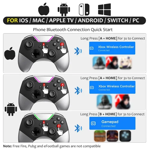 Vista 2 de Bluetooth Controller for Switch/PC/iPhone/Android/Apple Arcade MFi Games/TV/Steam, Hall Effect Joysticks Wireless Game Controller Gamepad with/Phone