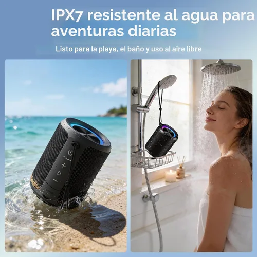Vista 6 de Altavoz Bluetooth portátil, IPX7 impermeable altavoz inalámbrico con sonido estéreo fuerte de 20 W, tiempo de reproducción de 15 horas y luz RGB