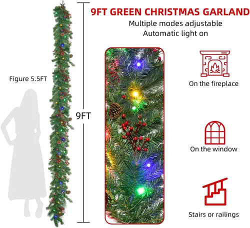 Vista 3 de HOYECHI - Juego de 2 guirnaldas navideñas preiluminadas - 2.7 m cada una con 50 luces LED y bayas rojas, alimentadas por baterías con 8 modos