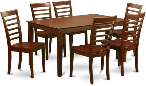 Vista 18 de HomeStock El juego de mesa de comedor moderno de 7 piezas consta de una mesa rectangular de madera y 6 sillas tapizadas de tela de lino café, 36 x