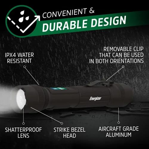 Vista 5 de Energizer Linterna LED recargable X1000 con indicador de encendido, linterna súper brillante, resistente al agua IPX4, luz resistente