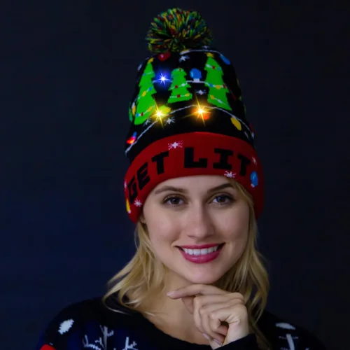 Vista 5 de JOYIN Gorro de punto con luz de Navidad, suéter feo de Navidad, gorro LED con 6 modos intermitentes, divertido gorro para mujeres y hombres