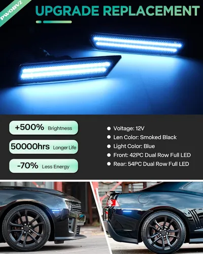 Vista 2 de Luz de Marcador Lateral Azul Compatible para 5ta Generación Chevy Camaro 2010 2011 2012 2013 2014 2015, Luces de Parachoques Delanteras y Traseras