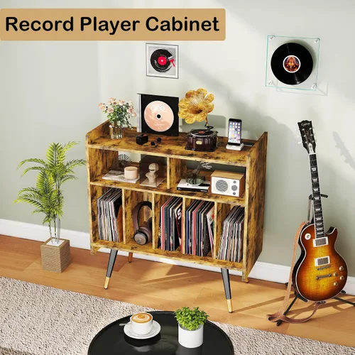 Vista 7 de Brown Record Player Stand: Vinyl Record Player Stand with Storage, Turntables for Vinyl Records, Modern Media Console, Album Display Shelf with USB