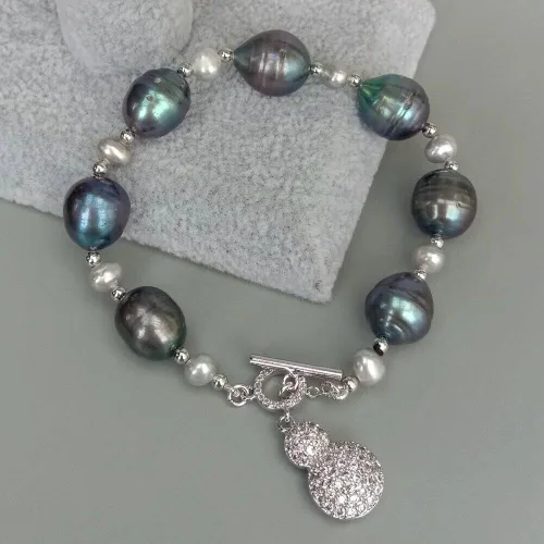 Vista 2 de Pulsera redonda de perlas de agua dulce cultivada de color gris arroz negro con cuentas #4341