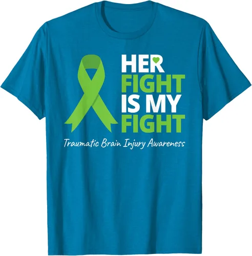 Vista 4 de Camiseta con cinta verde de la conciencia de la TBI, con texto en inglés "Her Fight Is My Fight" Jaspeado Oscuro
