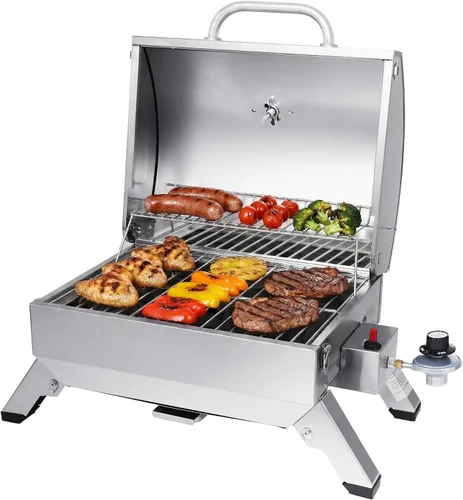 Vista 2 de Royal Gourmet GT1001 Parrilla portátil de acero inoxidable, 10000 BTU Parrilla de gas de mesa para barbacoa con patas plegables y tapa