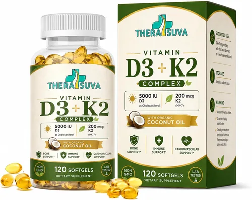 Vista 2 de TheraSuva Vitamina D3 + K2 con aceite de coco orgánico, 120 cápsulas
