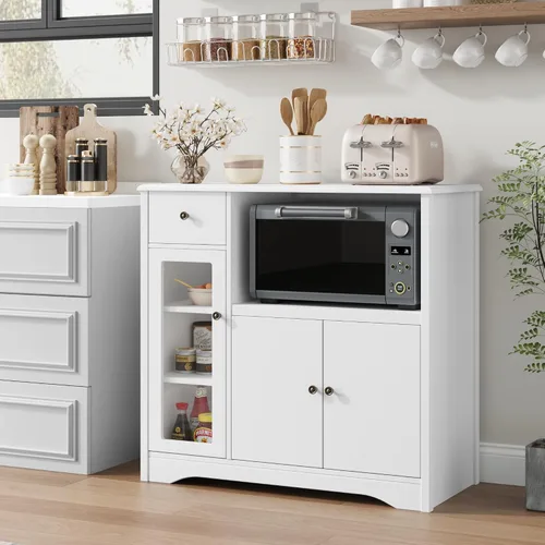 Vista 2 de HORSTORS Armario para microondas, armario de almacenamiento de cocina con 3 puertas y 1 cajón, aparador de buffet con estantes ajustables, soporte