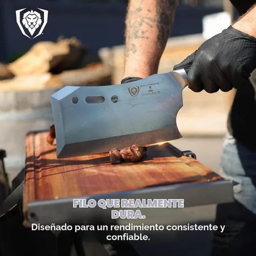 Vista 2 de Cuchillo Dalstrong Obliterator para carne y verduras - 9 pulgadas - Serie Gladiator R - Soporte de madera y funda protectora - Cortador de huesos