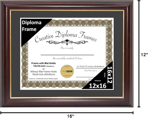 Vista 10 de Creative Picture Frames Marco para Diploma de Caoba con Borde Dorado de 12x16 pulgadas con Vidrio y Paspartú Negro y Colgadores de Pared Instalados