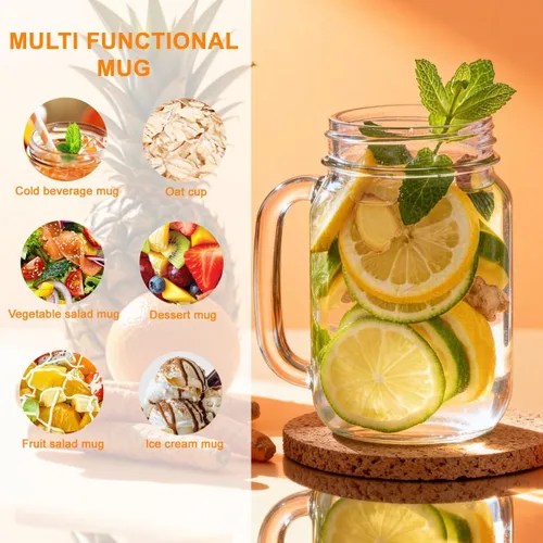 Vista 4 de Vaso de vidrio transparente vacío de 16.2 fl oz/16 oz con asa y tapa de rosca de metal, vasos para beber cerveza, vasos para beber té con leche