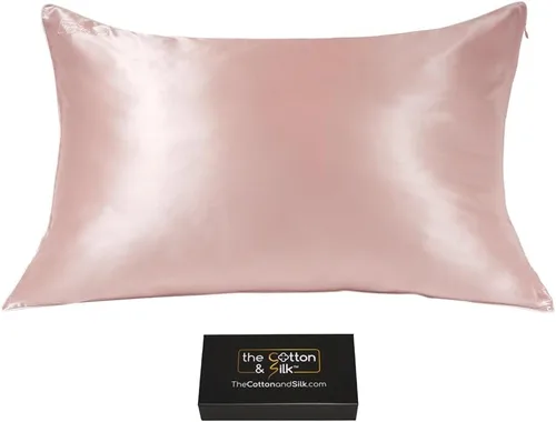 Vista 34 de Funda de almohada de seda de morera 22 Momme (cierre envolvente en la parte posterior), colección elegante, tamaño Queen, caramelo + crema
