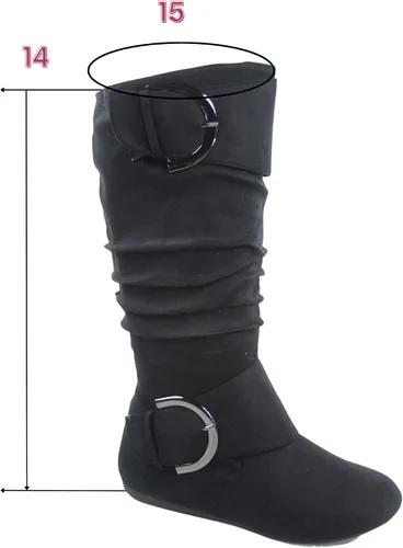 Vista 2 de TOP Moda Bank-81 Botas de mujer con puntera redonda, tacón plano, cierre de cremallera y hebilla, estilo holgado. Negro