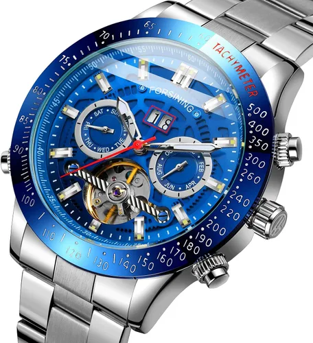 Vista 2 de FORSINING Reloj de pulsera de acero inoxidable con calendario original Tourbillion automático para hombre, Azul y plateado, Automático de bobinado