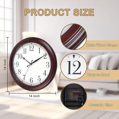 Vista 2 de Reloj de pared de madera redondo de 14 pulgadas, funciona con pilas, sin tictac, analógico, rústico, para cocina, sala de estar, dormitorio, día