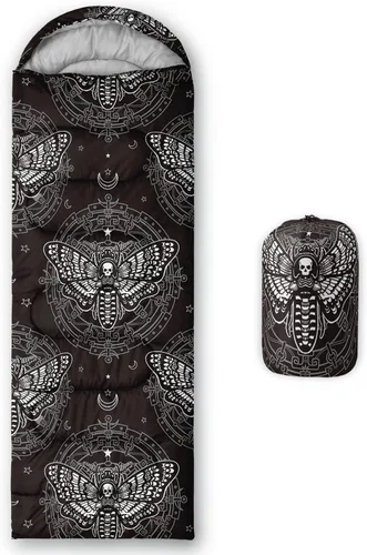 Vista 8 de HOSIMA Saco de dormir de mariposa para adultos y niños para campamento, saco de dormir ultraligero gótico negro para clima frío y verano.