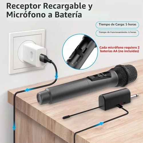 Vista 4 de Aveek Micrófono de karaoke inalámbrico, micrófono de mano recargable con receptor para altavoces y amplificadores alimentados, juego de micrófono