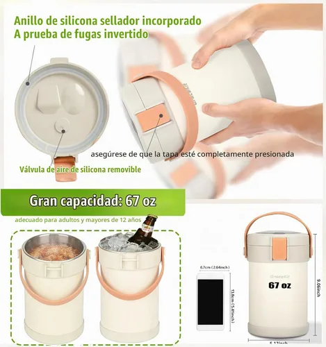 Vista 5 de Termo de 67 oz/2L para comida caliente, termo de sopa aislado al vacío de acero inoxidable 304, lonchera térmica a prueba de fugas con 3 cajas Bento