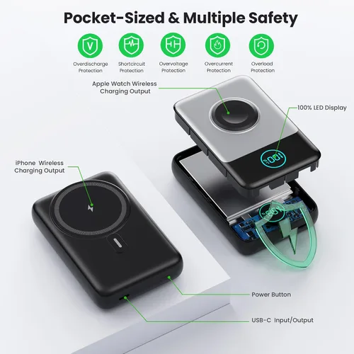 Vista 7 de Cargador portátil magnético para iPhone, Banco de energía inalámbrico Qi2 de 10800mAh y 15W con cargador para iWatch, Paquete de batería de viaje