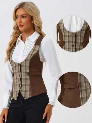Vista 2 de Allegra K Chaleco vintage para mujer, a cuadros, con botones, sin mangas, con panel de gamuza sintética, chalecos elegantes