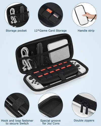 Vista 2 de Funda de almacenamiento para Switch OLED, funda de transporte portátil OLED con funda protectora, 2 protectores de pantalla de vidrio templado