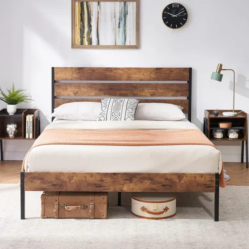 Vista 10 de VECELO Base de cama tamaño individual, plataforma de metal resistente con cabecera de madera, no necesita somier, color marrón antiguo