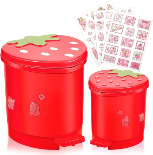 Vista 8 de Tessco for you 2 piezas de basura de escritorio de fresa, lindo bote de basura pequeño para encimera con tapa, cubo de basura pequeño Kawaii de Rosa
