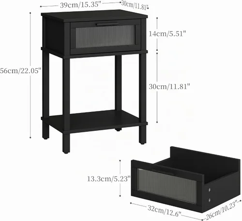 Vista 3 de Mesita de noche de madera con cajón, mesita de noche negra, estilo moderno, mesa auxiliar pequeña con estante de almacenamiento para dormitorio