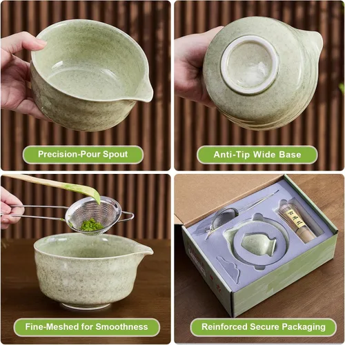 Vista 6 de Juego de 5 batidores de matcha, cuenco de matcha con boquilla, batidor de bambú 100% (Chasen), soporte, tamiz inoxidable, cuchara de té, kit