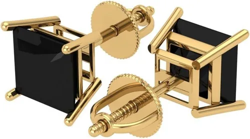 Vista 2 de 2.0 ct Brillante Corte Princesa Solitario VVS1 Ónix Negro Natural Par de Aretes de Stud Sólido Oro Amarillo de 18 K Tornillo Atrás, Oro amarillo