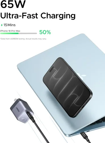 Vista 2 de UGREEN Nexode Air - Bloque de carga USB C GaN de 65 W con cable de 3.3 pies Gris