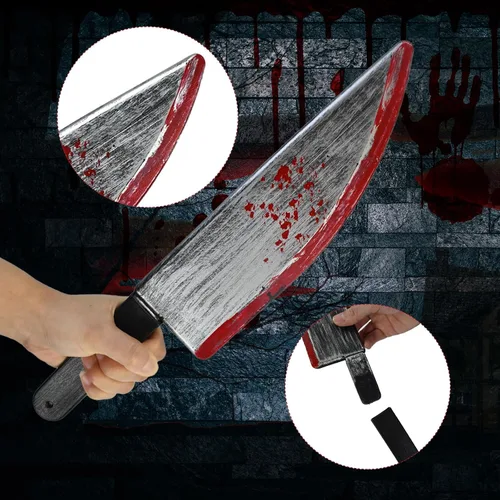 Vista 3 de Cuchillo de carnicero de Halloween, 2 unidades, cuchillo clásico de película de terror, cosplay, accesorios de goma para Halloween