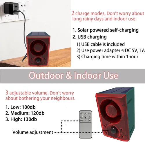 Vista 6 de Alarma solar con sensor de movimiento al aire libre – Ladridos de perro y sonido de disparo, grabación de soporte y volumen ajustable, detector