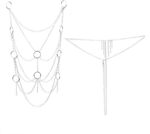 Vista 5 de Conjunto de cadena de lencería para mujer, conjunto de cadena de metal metálico con borla tentadora, plateado