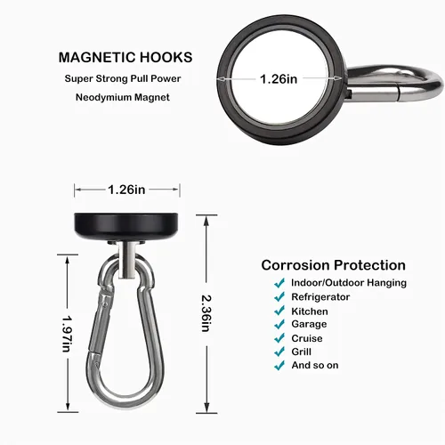 Vista 3 de WELLZEER Ganchos magnéticos de 100 libras, ganchos magnéticos negros con mosquetón giratorio para colgar refrigerador, fuerte imán de neodimio