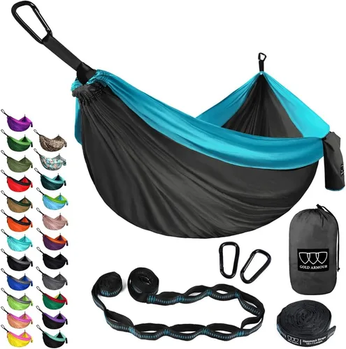 Vista 22 de Gold Armour Hamaca de camping – Hamaca doble XL, hamaca portátil, accesorios de camping, equipo para exteriores e interiores con correas de árbol