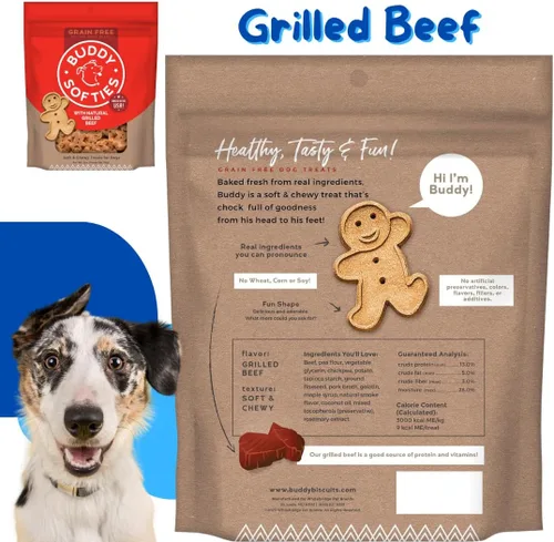 Vista 4 de Buddy Biscuits - Paquete variado de golosinas para perros, 6 onzas, incluye pollo, tocino y queso, mantequilla de maní y carne de res a la parrilla